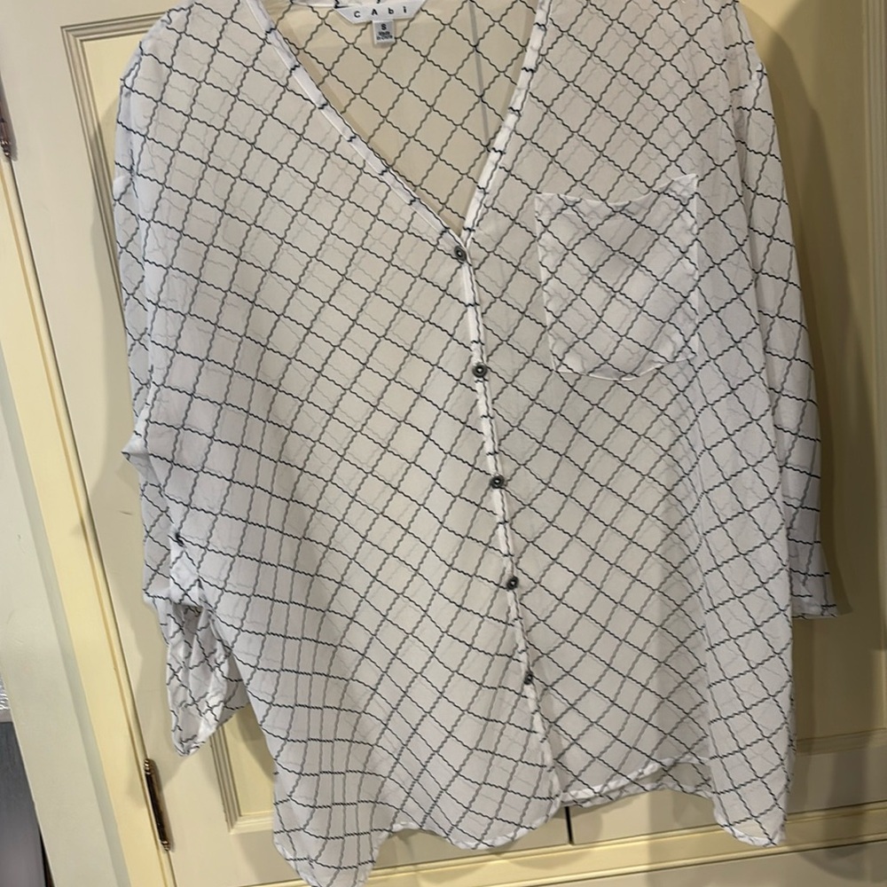 CAbi Sheer White & Black Damask Pattern Chessboard Button Down Shirt Size S‎